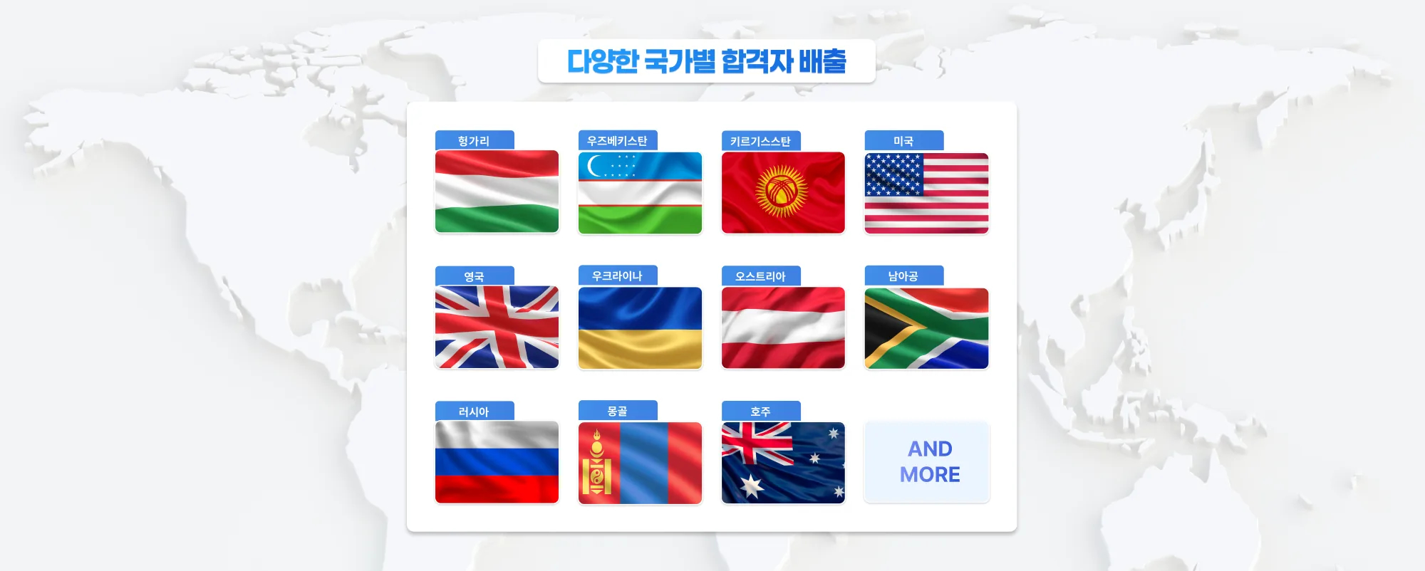 다양한 국가별 의사 합격자 배출 헝가리 우즈베키스탄 키르기스스탄 미국 영국 우크라이나 오스트리아 남아공 러시아 몽골 호주 AND MORE