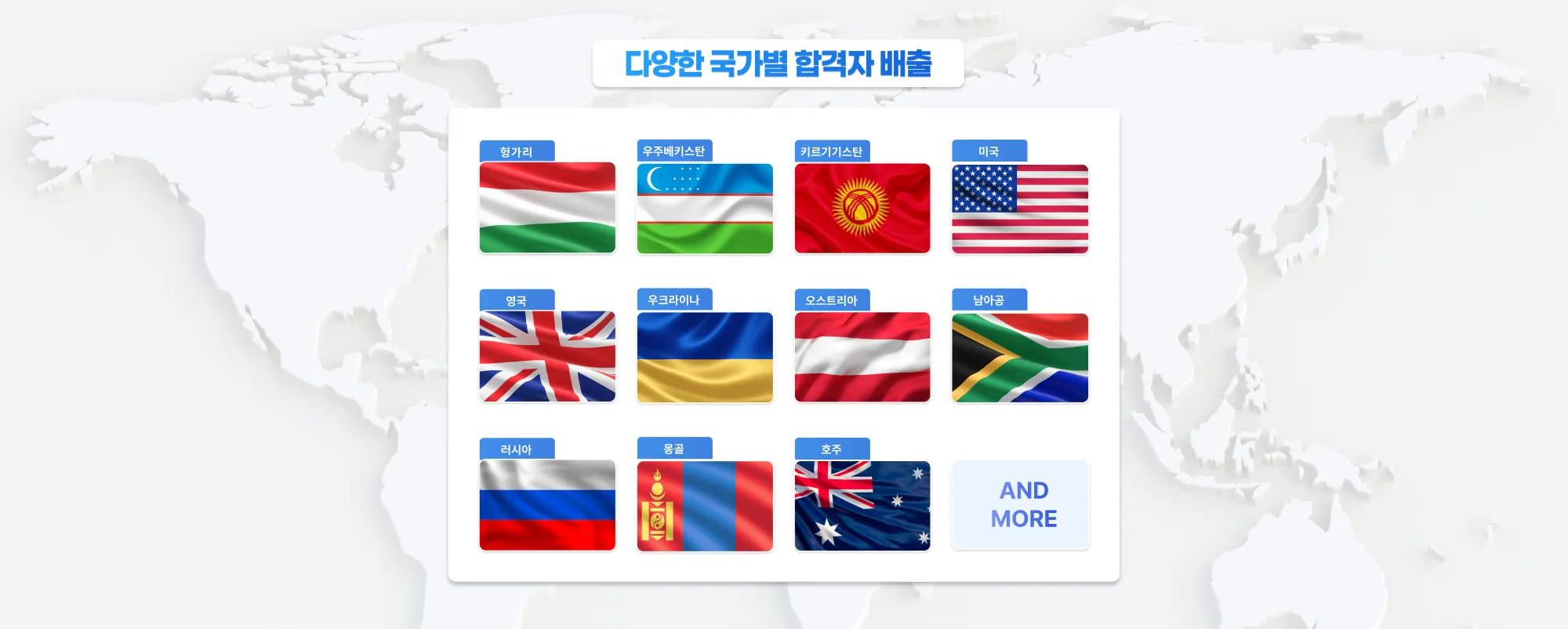 다양한 국가별 의사 합격자 배출 헝가리 우주베키스탄 키르기기스탄 미국 영국 우크라이나 오스트리아 남아공 러시아 몽골 호주 AND MORE