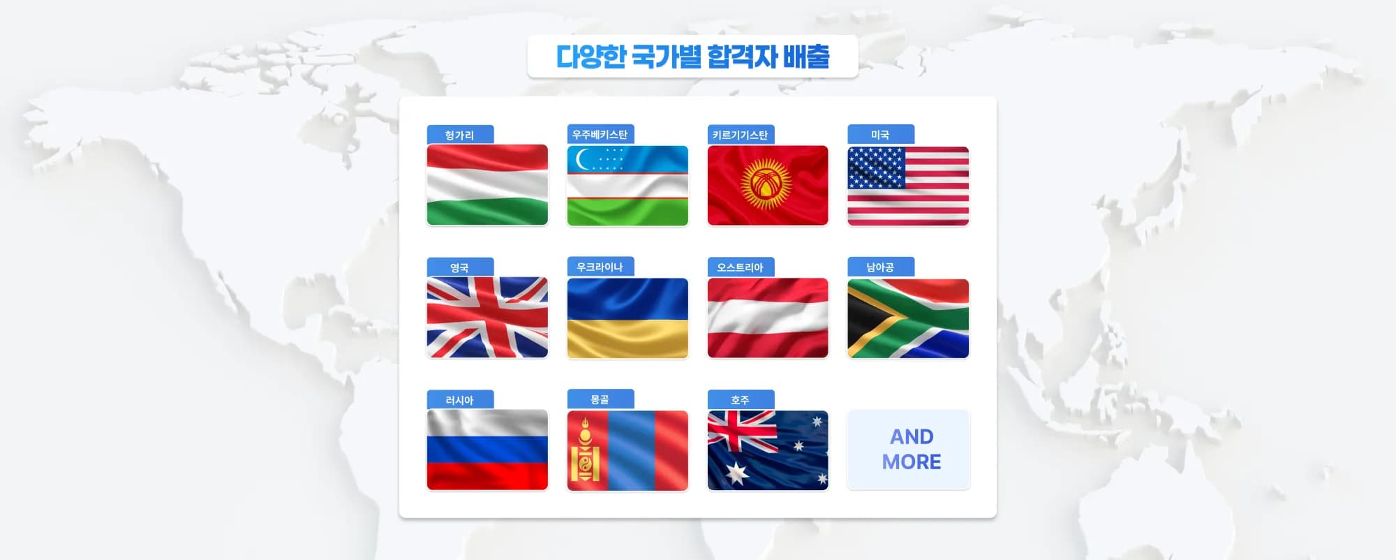 다양한 국가별 의사 합격자 배출 헝가리 우주베키스탄 키르기기스탄 미국 영국 우크라이나 오스트리아 남아공 러시아 몽골 호주 AND MORE